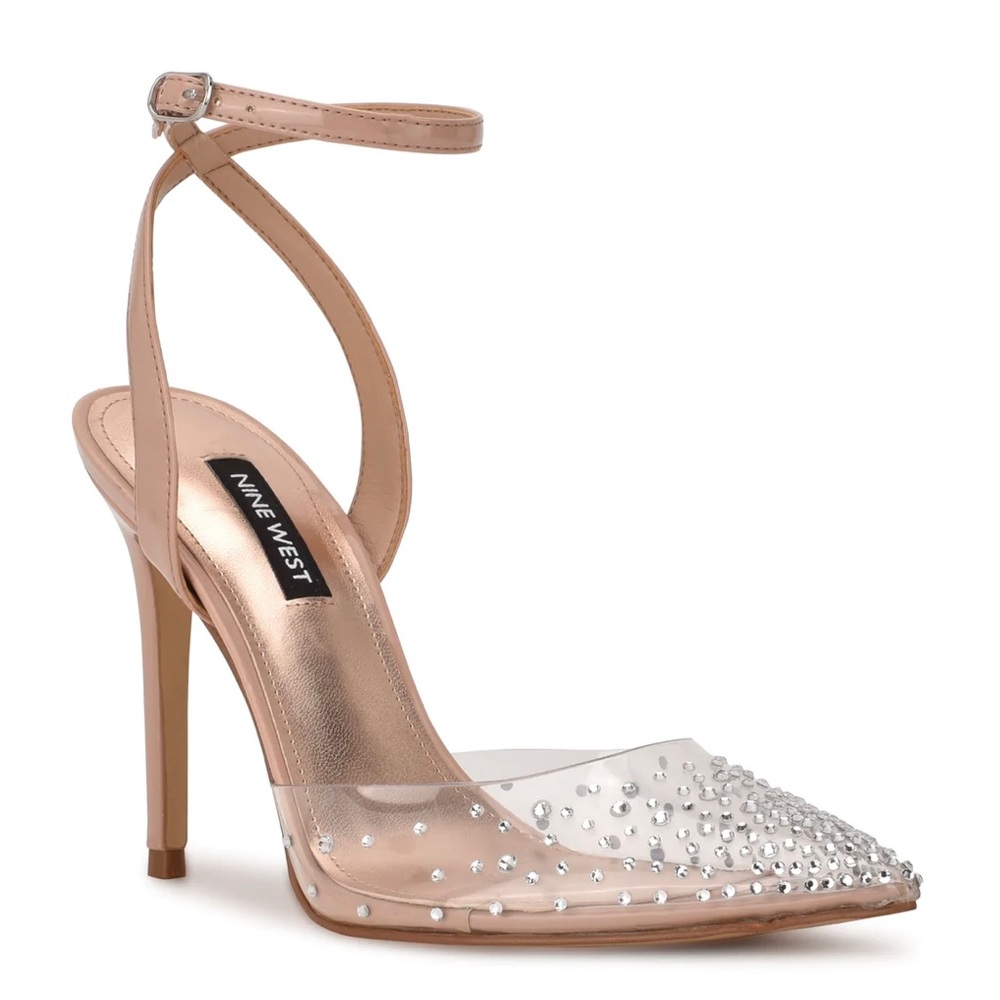 Nine West nude/clear pumps heels with rhinestones. Like new, EUC